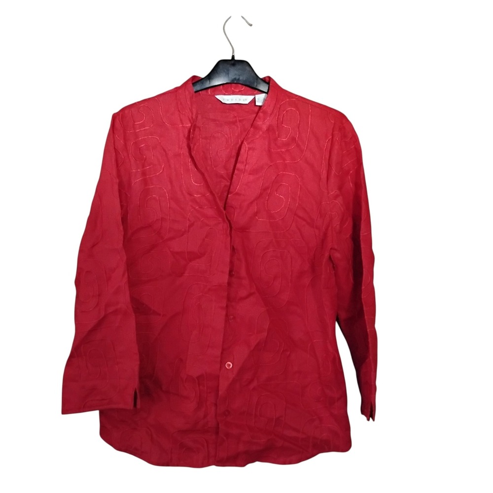 Tweeds Red 100% Linen Embroidered Swirl Button Up Blouse Top Large